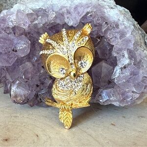 Vintage Gold-Tone Crystal Owl Brooch Pin - Women Jewelry